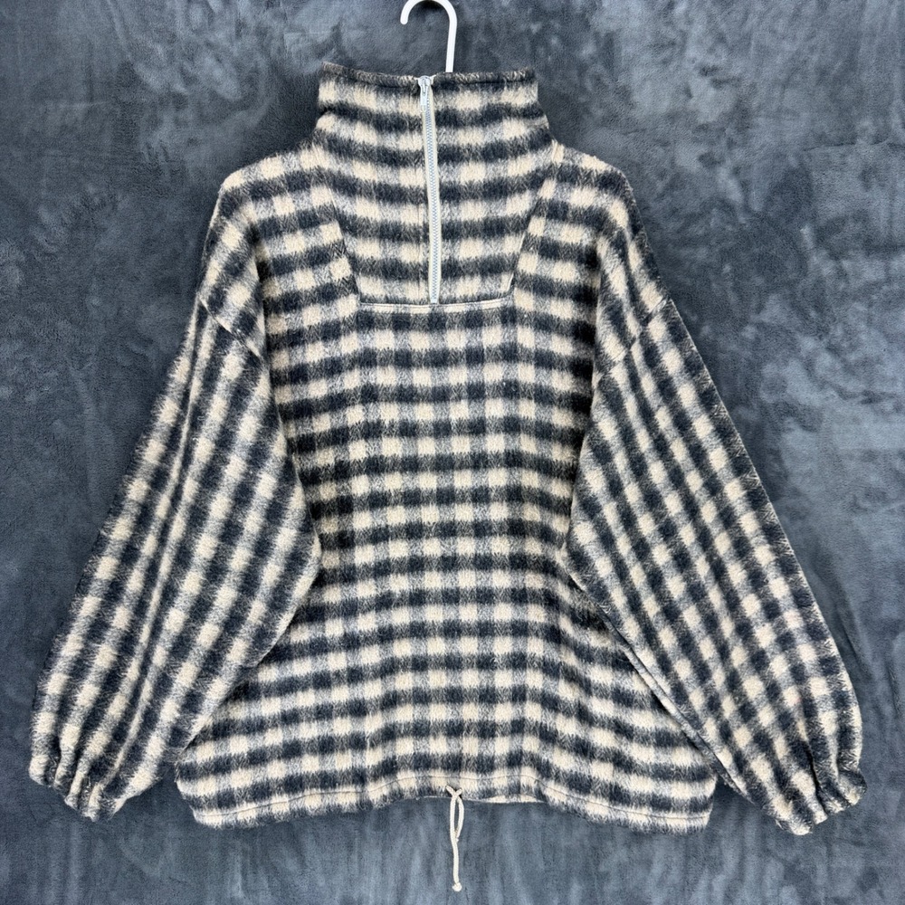 Earth Ragz Buffalo Plaid Quarter‎ Zip Pullover Black Cream XL Drawstring Hem